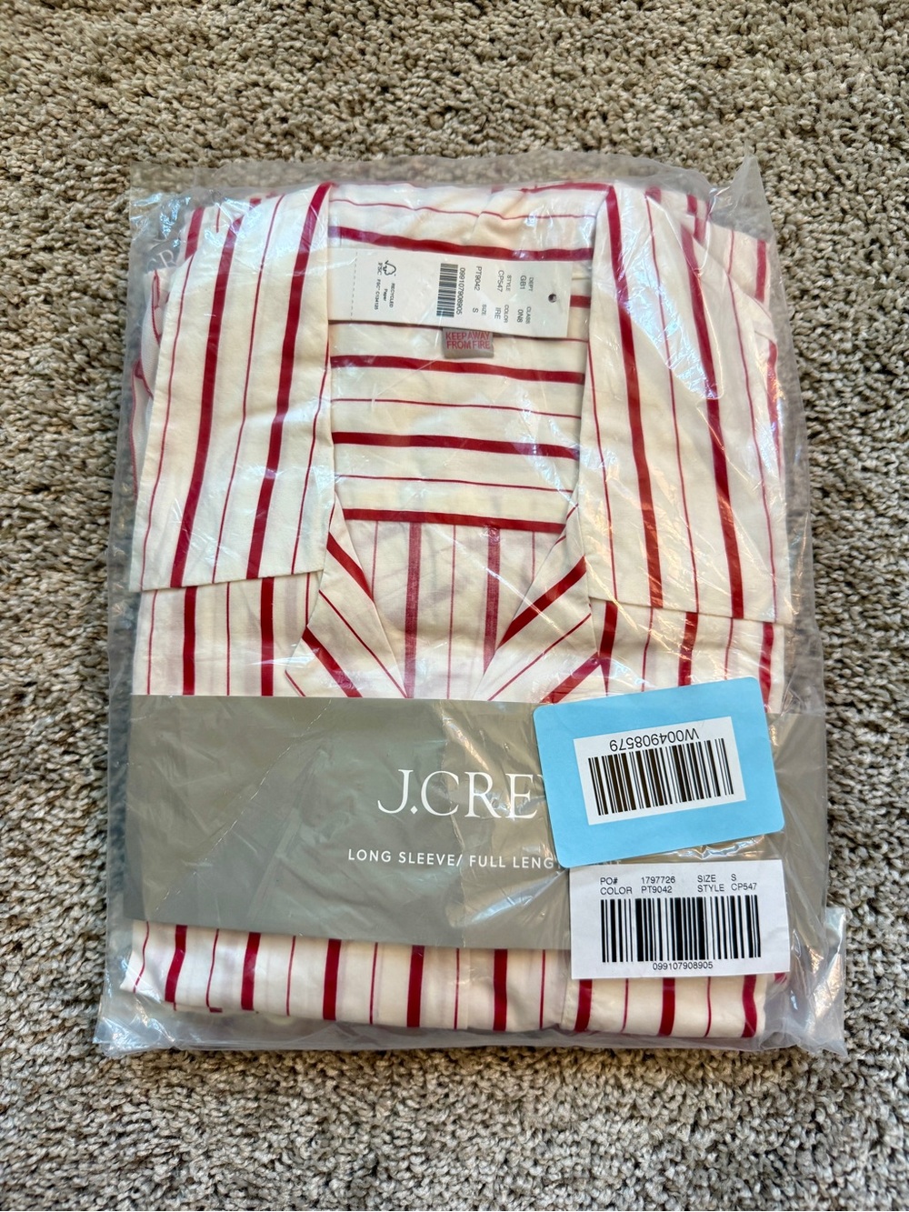 NWT J.Crew Cotton Poplin Long Sleeve Pajama Pant Set Peppermint Stripe Size S